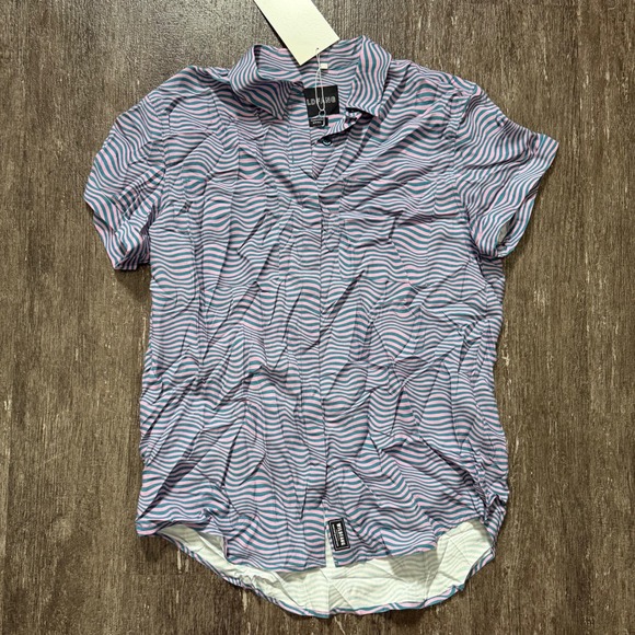 Wildfang Tops - Wildfang Women's Button Up Short Sleeve Shirt Small Pink Groovy Teal Wave Print